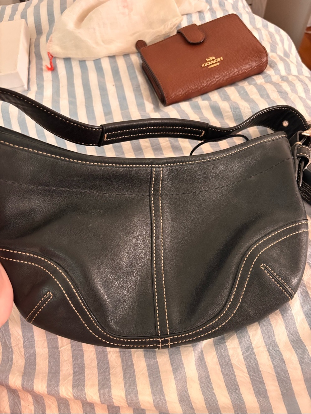 Coach Black Leather Shoulder Hobo with Contrast Stitching